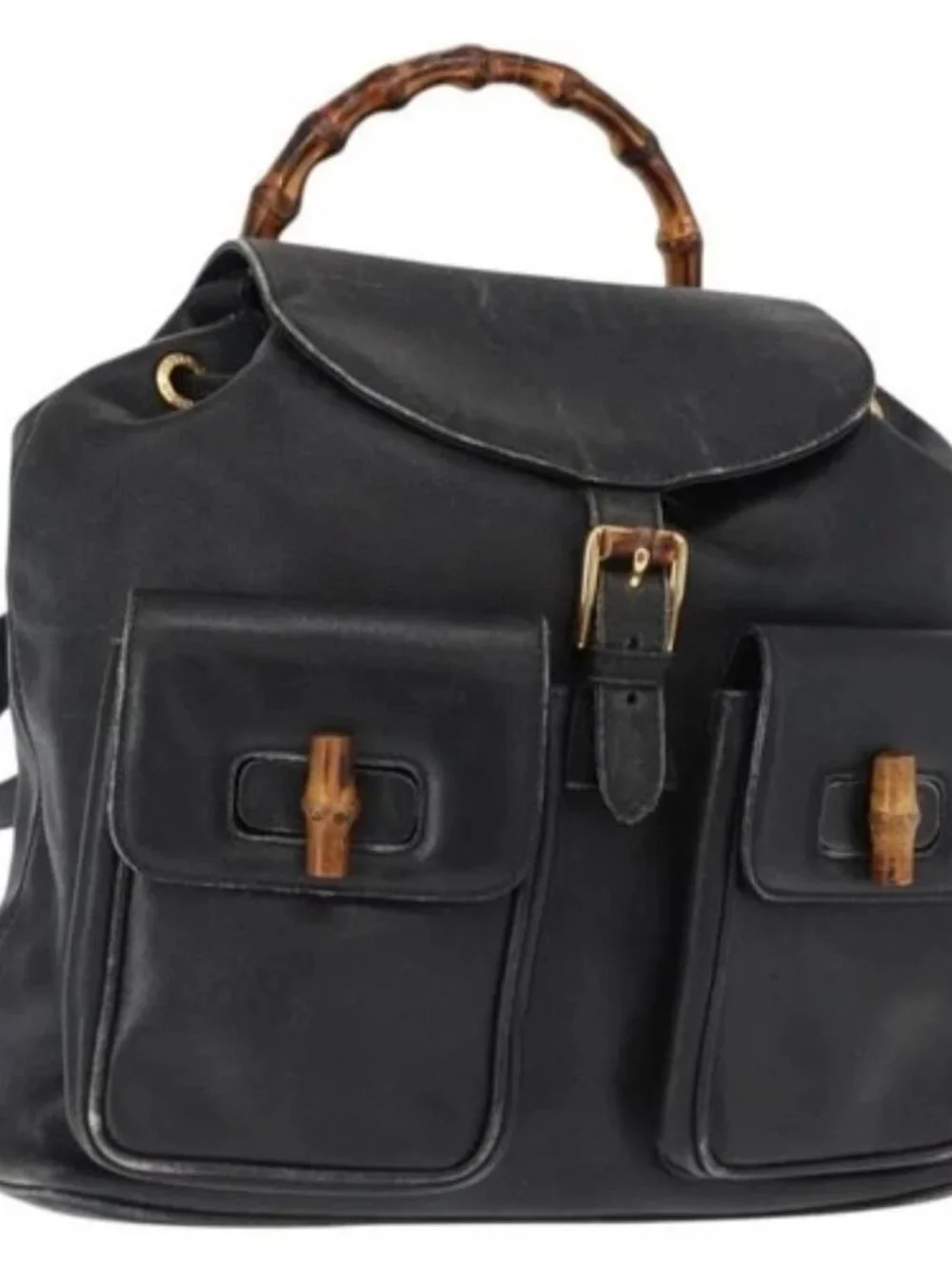 GUCCI Bamboo Backpack Leather Black Gold 003